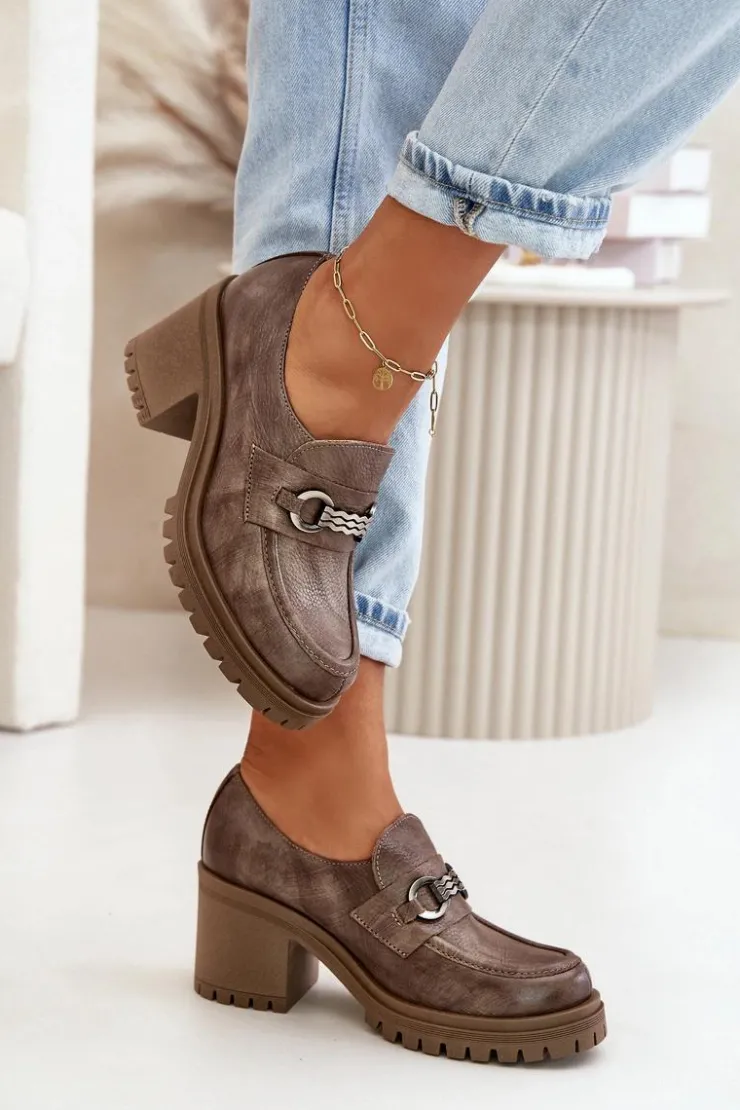 Damskie Zazoo 20175 Półbuty Damskie Na Słupku Skóra Naturalna Ciemnobeżowe