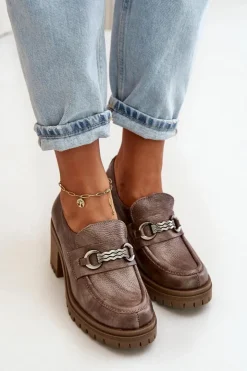 Damskie Zazoo 20175 Półbuty Damskie Na Słupku Skóra Naturalna Ciemnobeżowe