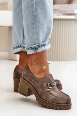 Damskie Zazoo 20175 Półbuty Damskie Na Słupku Skóra Naturalna Ciemnobeżowe