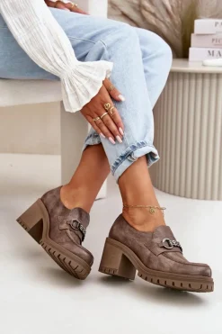 Damskie Zazoo 20175 Półbuty Damskie Na Słupku Skóra Naturalna Ciemnobeżowe