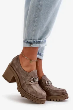 Damskie Zazoo 20175 Półbuty Damskie Na Słupku Skóra Naturalna Ciemnobeżowe