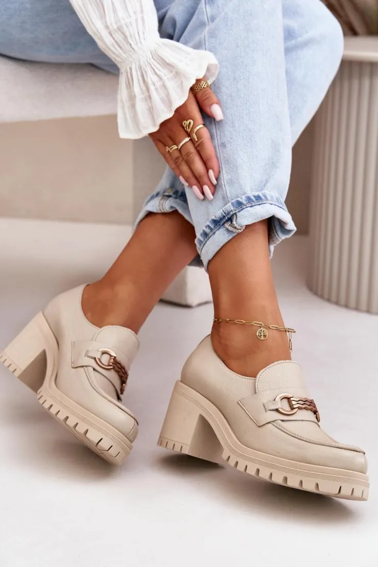 Damskie Zazoo 20175 Półbuty Damskie Na Słupku Skóra Naturalna Jasnobeżowe