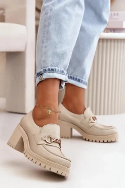 Damskie Zazoo 20175 Półbuty Damskie Na Słupku Skóra Naturalna Jasnobeżowe