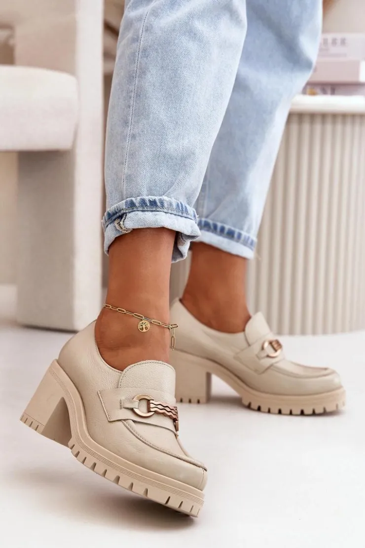 Damskie Zazoo 20175 Półbuty Damskie Na Słupku Skóra Naturalna Jasnobeżowe