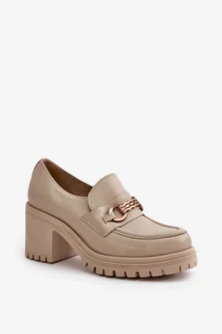 Damskie Zazoo 20175 Półbuty Damskie Na Słupku Skóra Naturalna Jasnobeżowe