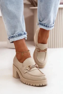 Damskie Zazoo 20175 Półbuty Damskie Na Słupku Skóra Naturalna Jasnobeżowe