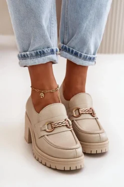 Damskie Zazoo 20175 Półbuty Damskie Na Słupku Skóra Naturalna Jasnobeżowe