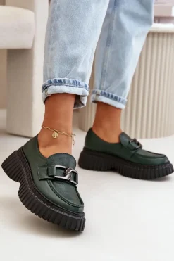 Zazoo Półbuty Skórzane|Mokasyny Na Platformie*20176 Półbuty Mokasyny Damskie Ze Skóry Naturalnej Ciemnozielone Zielony