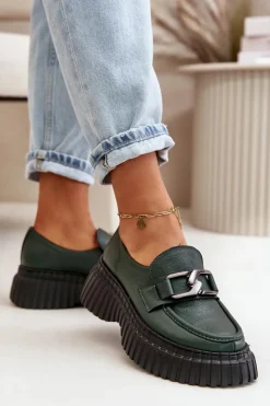 Zazoo Półbuty Skórzane|Mokasyny Na Platformie*20176 Półbuty Mokasyny Damskie Ze Skóry Naturalnej Ciemnozielone Zielony