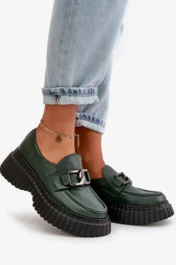 Zazoo Półbuty Skórzane|Mokasyny Na Platformie*20176 Półbuty Mokasyny Damskie Ze Skóry Naturalnej Ciemnozielone Zielony