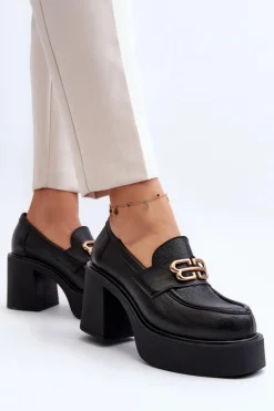 Discount Zazoo 20170 Półbuty Skórzane Damskie Na Słupku Czarne Czarny