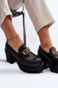 Discount Zazoo 20170 Półbuty Skórzane Damskie Na Słupku Czarne Czarny