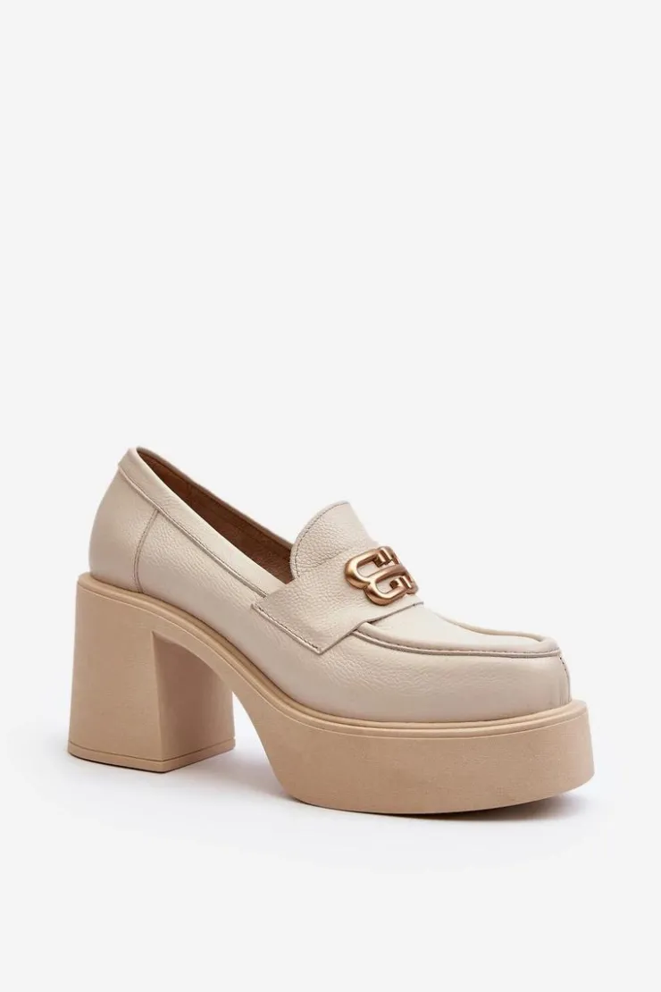 Zazoo Półbuty Skórzane*20170 Półbuty Skórzane Damskie Na Słupku Jasnobeżowe Beżowy