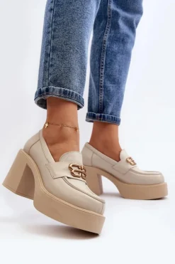 Zazoo Półbuty Skórzane*20170 Półbuty Skórzane Damskie Na Słupku Jasnobeżowe Beżowy