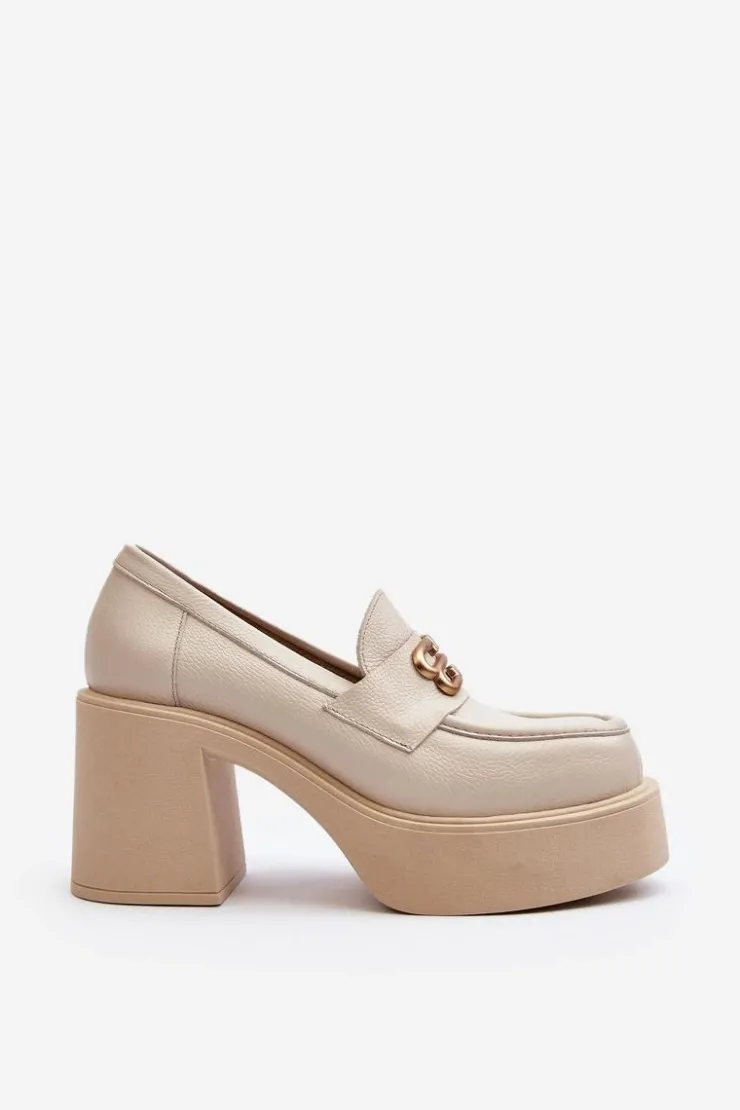 Zazoo Półbuty Skórzane*20170 Półbuty Skórzane Damskie Na Słupku Jasnobeżowe Beżowy