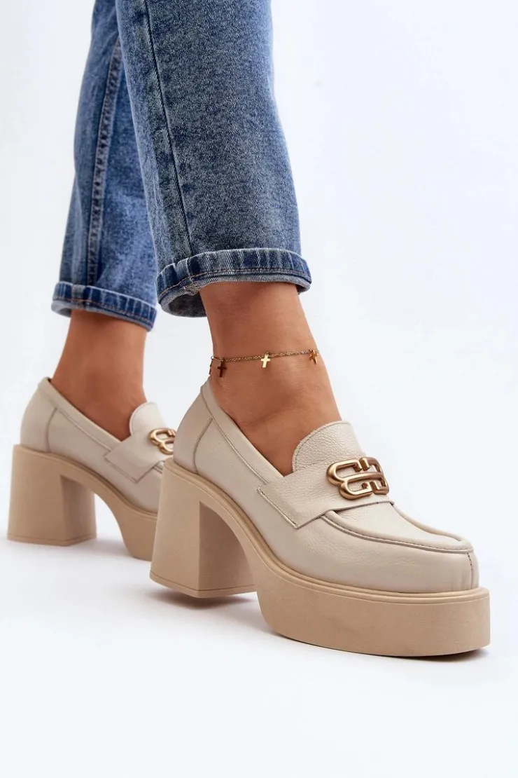 Zazoo Półbuty Skórzane*20170 Półbuty Skórzane Damskie Na Słupku Jasnobeżowe Beżowy