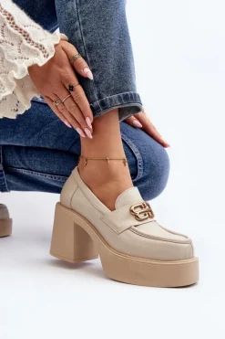 Zazoo Półbuty Skórzane*20170 Półbuty Skórzane Damskie Na Słupku Jasnobeżowe Beżowy