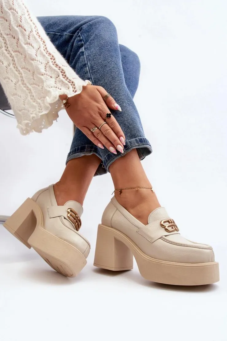 Zazoo Półbuty Skórzane*20170 Półbuty Skórzane Damskie Na Słupku Jasnobeżowe Beżowy