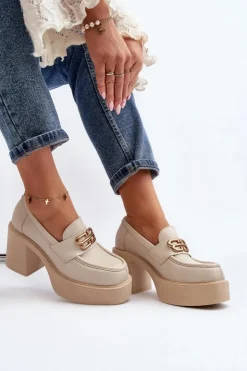 Zazoo Półbuty Skórzane*20170 Półbuty Skórzane Damskie Na Słupku Jasnobeżowe Beżowy