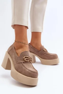 Damskie Zazoo 20170 Półbuty Zamszowe Damskie Na Słupku Beżowe