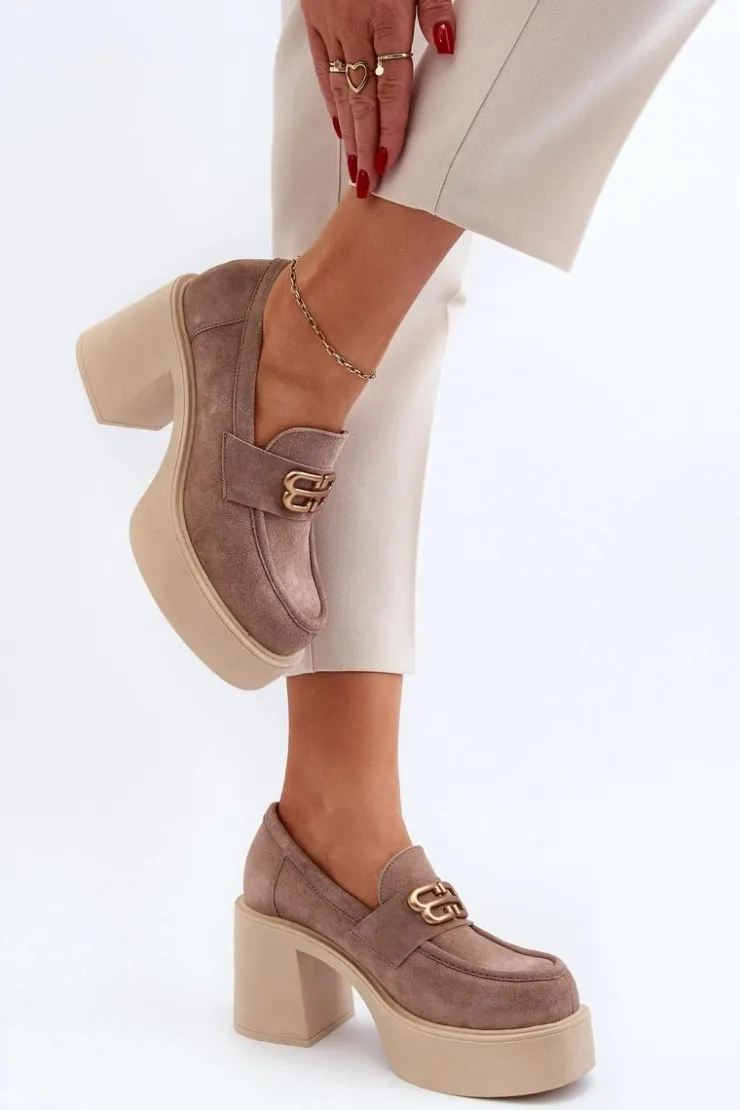 Damskie Zazoo 20170 Półbuty Zamszowe Damskie Na Słupku Beżowe