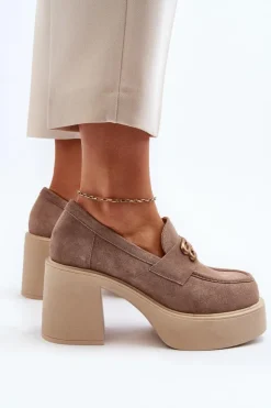Damskie Zazoo 20170 Półbuty Zamszowe Damskie Na Słupku Beżowe