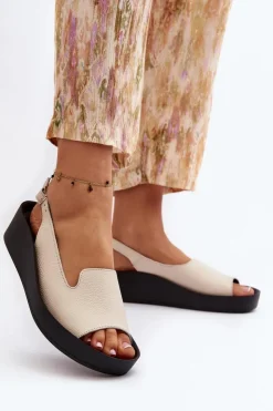 Damskie Zazoo 2893 Sandały Damskie Skórzane na Grubej Podeszwie Jasnobeżowe