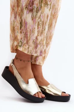 Zazoo Sandały Płaskie*2893 Sandały Damskie Skórzane na Grubej Podeszwie Złote Złoty