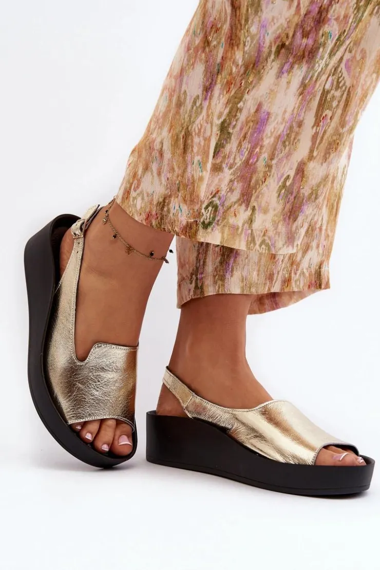 Zazoo Sandały Płaskie*2893 Sandały Damskie Skórzane na Grubej Podeszwie Złote Złoty