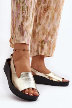 Zazoo Sandały Płaskie*2893 Sandały Damskie Skórzane na Grubej Podeszwie Złote Złoty