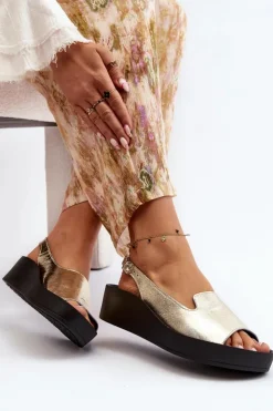 Zazoo Sandały Płaskie*2893 Sandały Damskie Skórzane na Grubej Podeszwie Złote Złoty