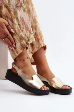 Zazoo Sandały Płaskie*2893 Sandały Damskie Skórzane na Grubej Podeszwie Złote Złoty