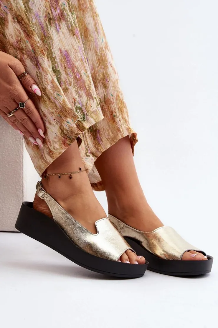 Zazoo Sandały Płaskie*2893 Sandały Damskie Skórzane na Grubej Podeszwie Złote Złoty