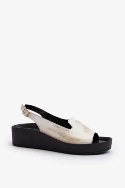 Outlet Zazoo 2893 Sandały Damskie Skórzane na Grubej Podeszwie Przecierany Złoty