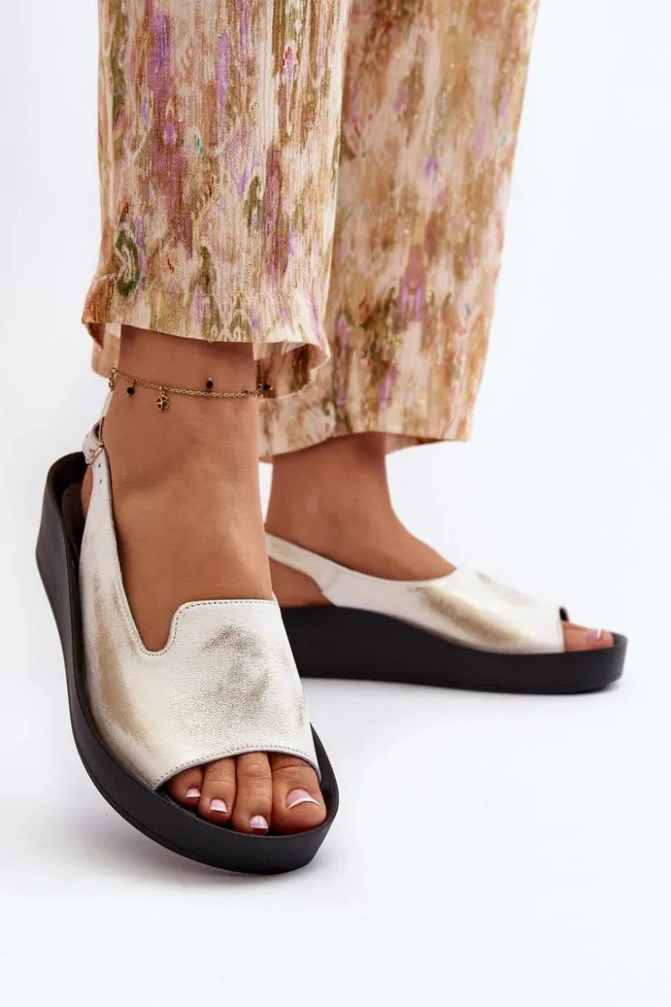 Outlet Zazoo 2893 Sandały Damskie Skórzane na Grubej Podeszwie Przecierany Złoty