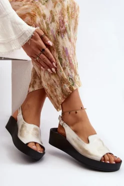 Outlet Zazoo 2893 Sandały Damskie Skórzane na Grubej Podeszwie Przecierany Złoty