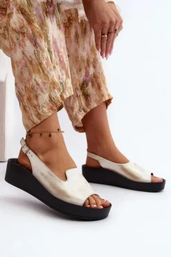 Outlet Zazoo 2893 Sandały Damskie Skórzane na Grubej Podeszwie Przecierany Złoty