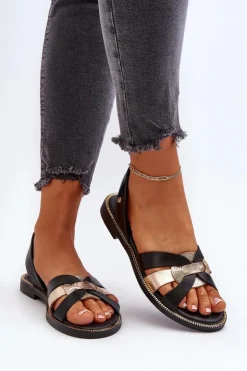 Zazoo Sandały Płaskie*40382 Sandały Damskie Skórzane Czarne Czarny