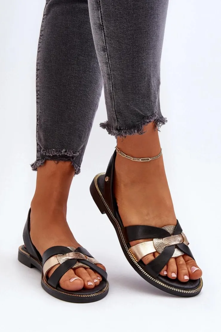 Zazoo Sandały Płaskie*40382 Sandały Damskie Skórzane Czarne Czarny