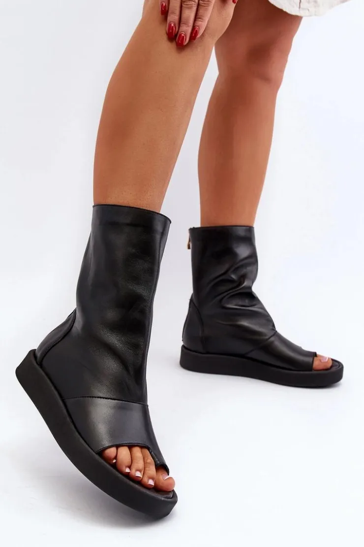 Discount Zazoo 3441 Sandały Damskie Skórzane Z Cholewka Czarne