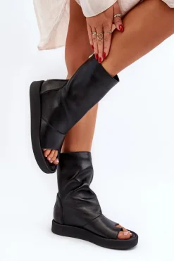 Discount Zazoo 3441 Sandały Damskie Skórzane Z Cholewka Czarne