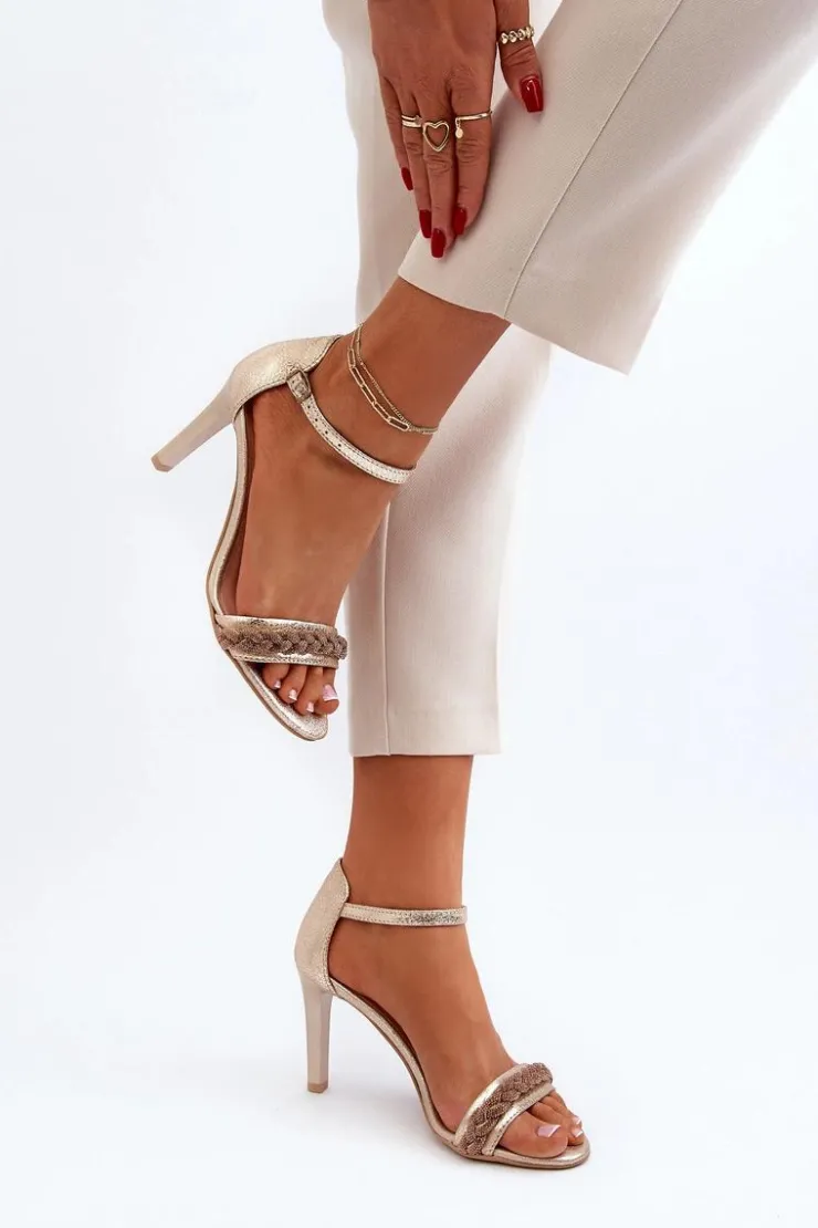 Zazoo Sandały Na Obcasie*3328/2 Sandały Damskie Skórzane Na Szpilce Złote
