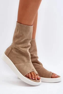 Zazoo Sandały Płaskie*3441 Sandały Damskie Zamszowe Z Cholewka Ciemnobeżowe