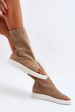 Zazoo Sandały Płaskie*3441 Sandały Damskie Zamszowe Z Cholewka Ciemnobeżowe