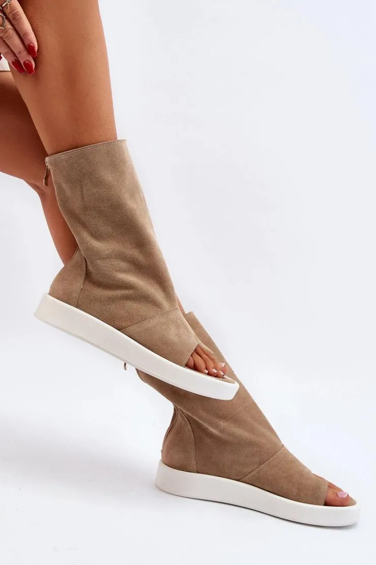 Zazoo Sandały Płaskie*3441 Sandały Damskie Zamszowe Z Cholewka Ciemnobeżowe