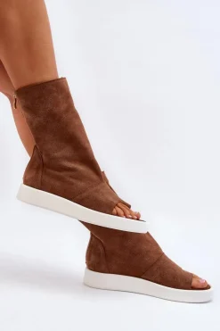 Damskie Zazoo 3441 Sandały Damskie Zamszowe Z Cholewka Brązowe