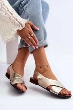 Zazoo Sandały Płaskie*40407 Sandały Skórzane Damskie Złote Złoty