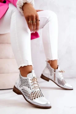 Damskie Zazoo 2704 Skórzane Ażurowe Botki Biało-Srebrne