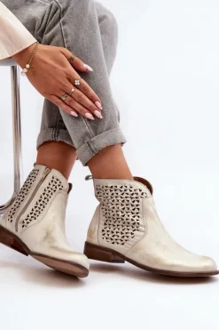 Damskie Zazoo 2791 Skórzane Ażurowe Botki Złote