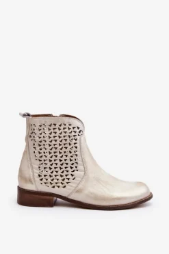 Damskie Zazoo 2791 Skórzane Ażurowe Botki Złote